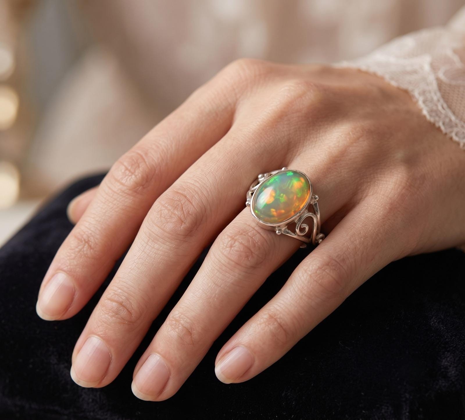 Natural Opal Oval Sterling Silver Ring – Handmade Statement Jewelry Ring