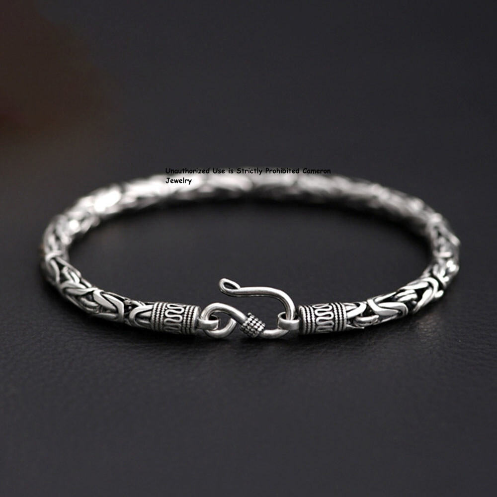 Pure S925 Sterling Silver Chain Men Women 4mm Byzantine Link Bracelet 6.7-8.7inL