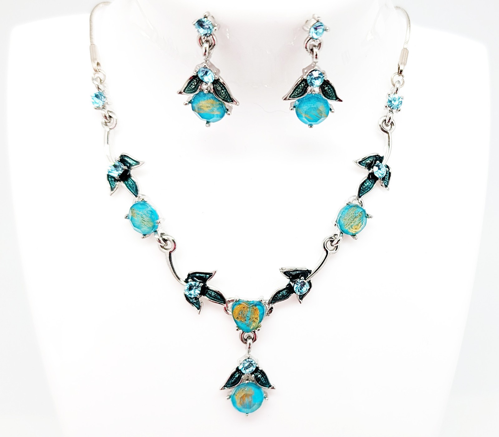 DESIGNER INSPIRED 20 in BLUE CLEAR CRYSTAL SILVER TONE FLORAL DROP JEWELRY SET