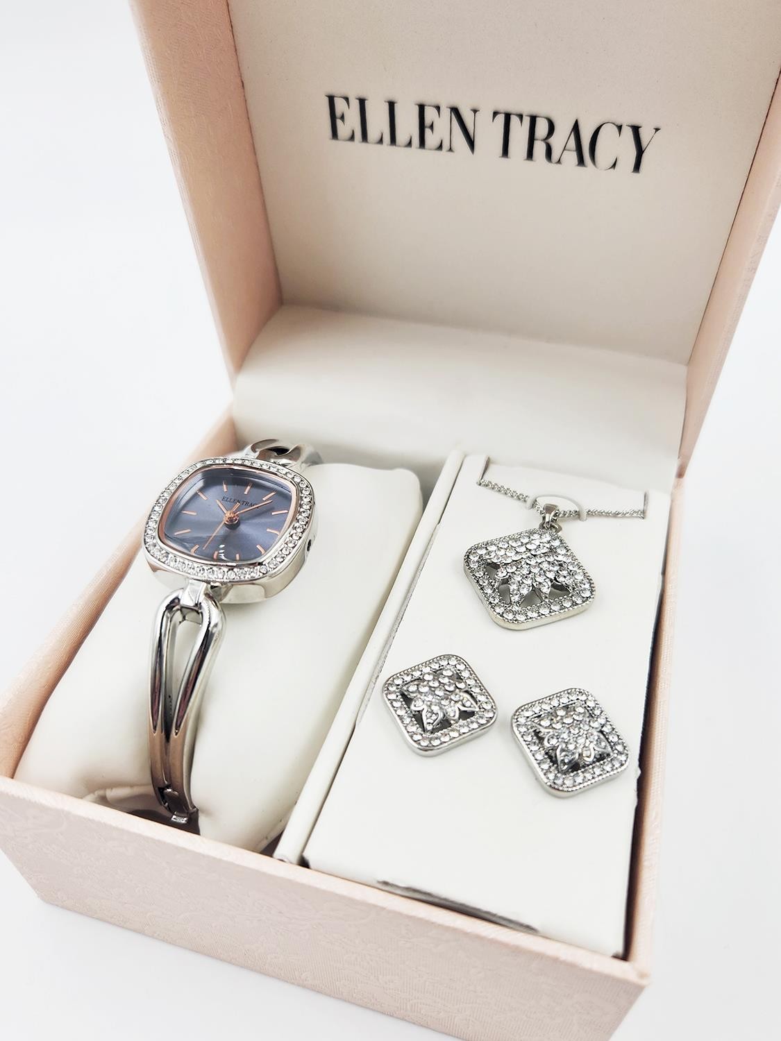 HSN Ellen Tracy Cushion Shaped Watch, Necklace and Earring Set – Silver Dmg