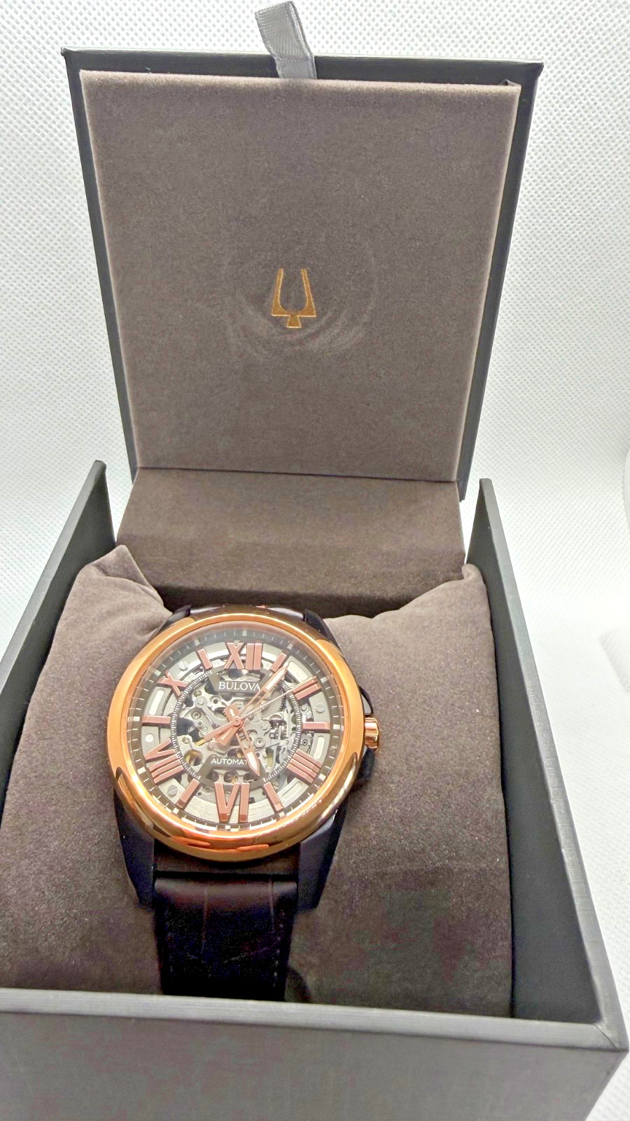 Bulova Automatic Skeleton Rose Gold Brown Leather Strap Open Heart Full Set