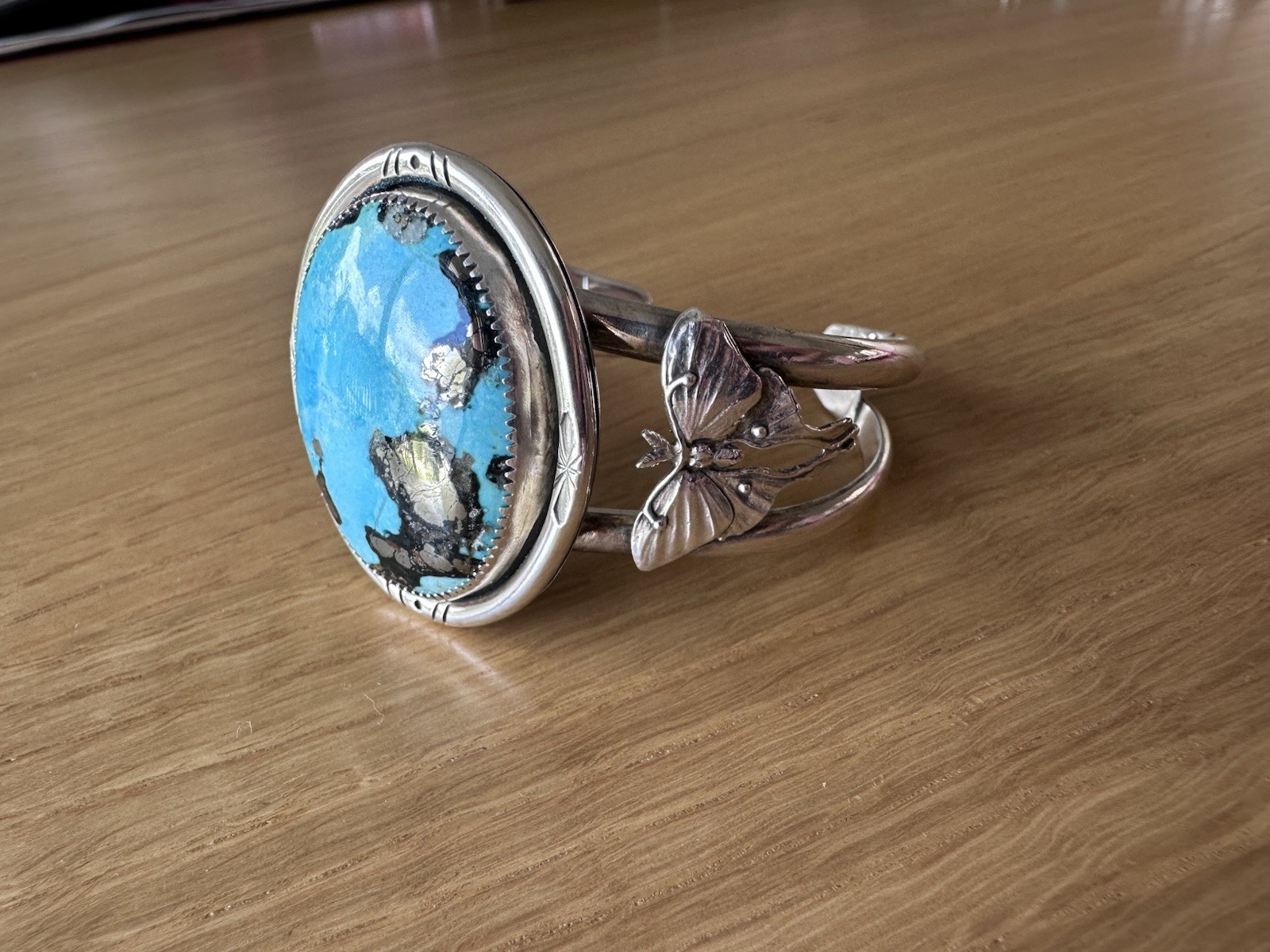 Morenci Turquoise Pyrite Sterling Silver 925 Cuff Lunar Moth By Sam Cigana