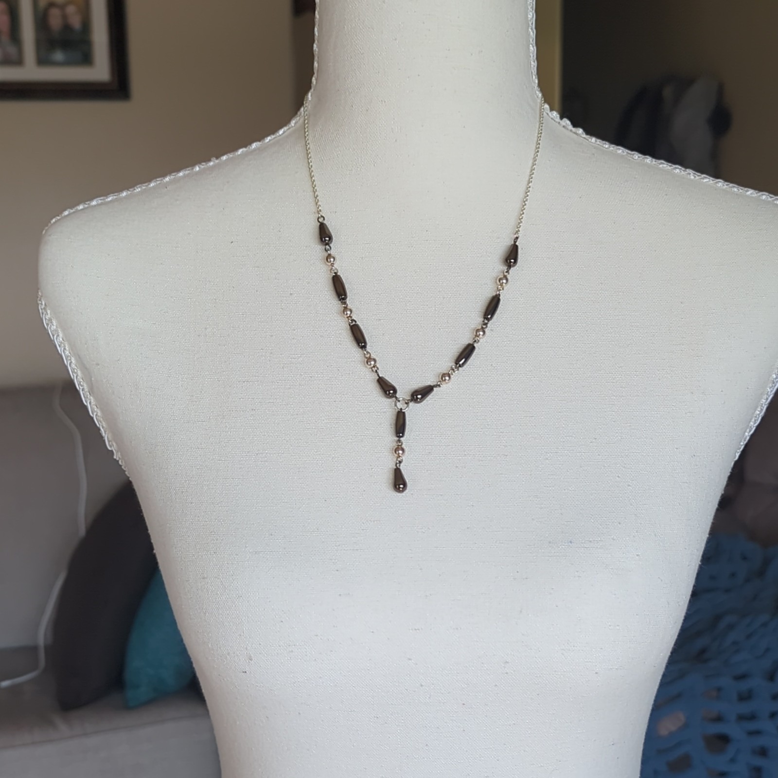 Signed Premier Design Silver Tone Necklace Black Beads Y-Drop Teardrop Pendant