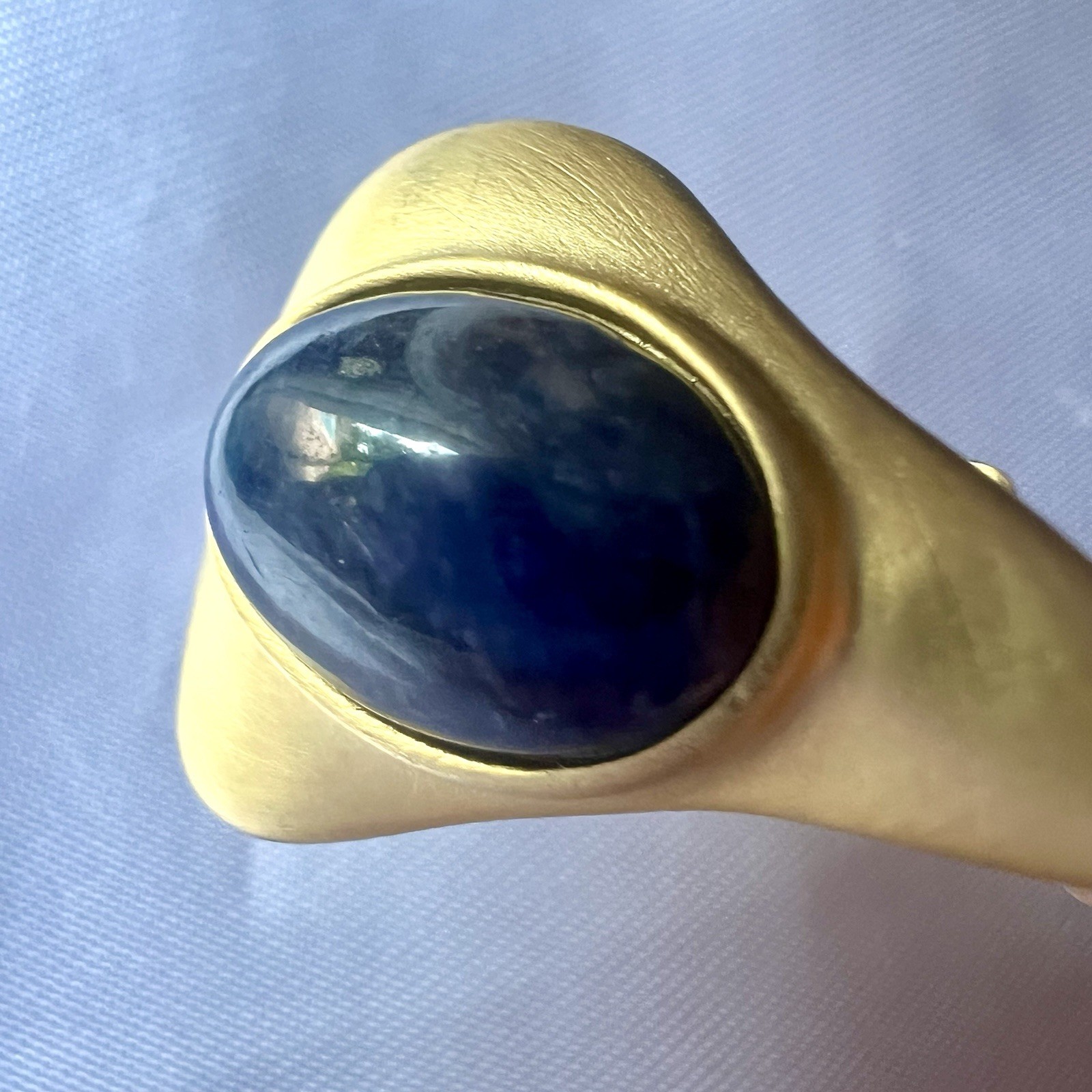 Vintage Robert Rose Signed Matte Gold Tone Blue Cabochon Clip On Dangle Earrings