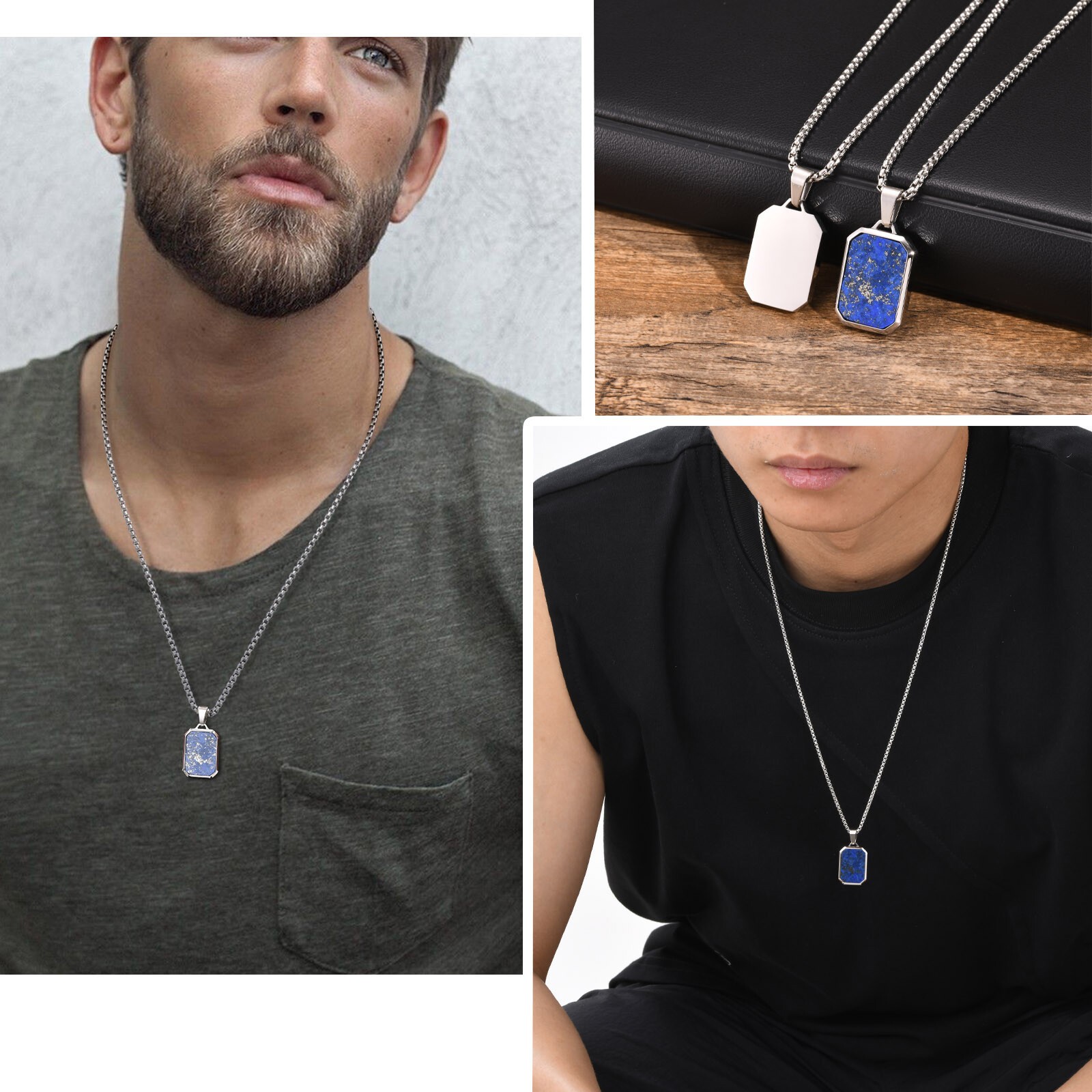 Stainless Steel Necklace Square Lapis Lazuli Pendant Tiger Eye Stone Premium