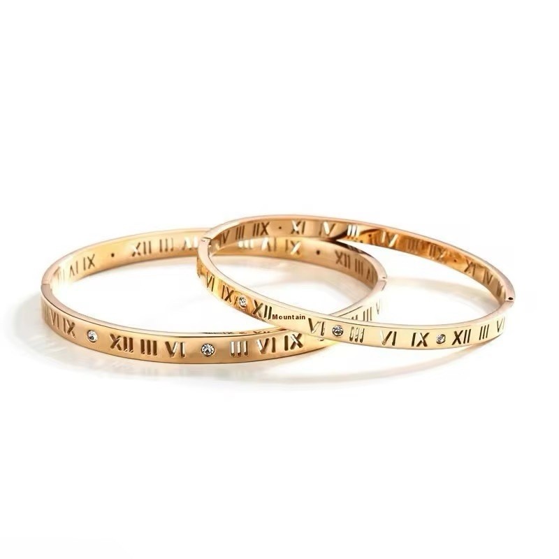 Stainless Steel Gold Roman Numeral Tarnish-Free Cuff Bangle Bracelet Size 7