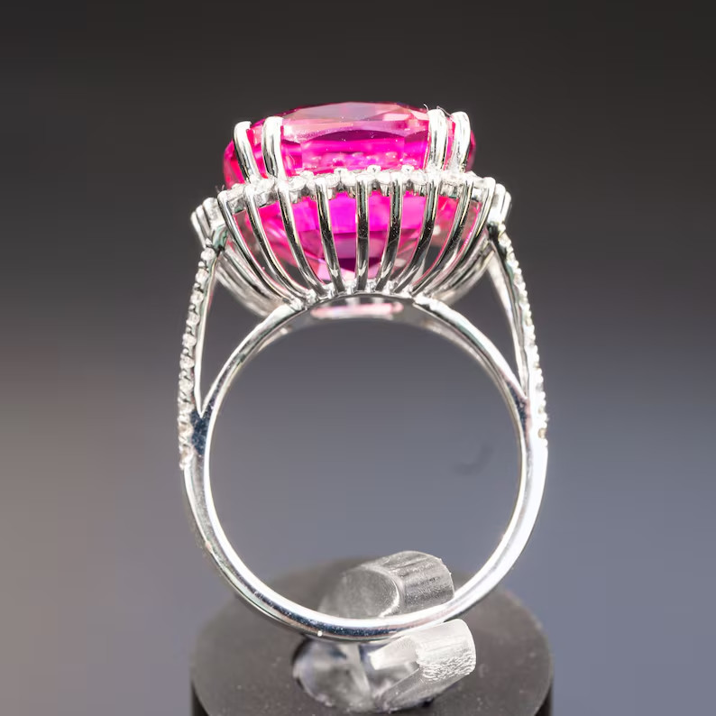 12.70 Ct Cushion Cut Natural Pink Sapphire Diamond Wedding Ring 14K White Gold