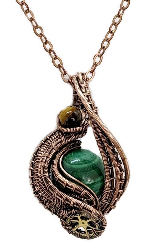 Steampunk Malachite Pendant, Wire-Wrapped in Bronze with Golden Tiger Eye