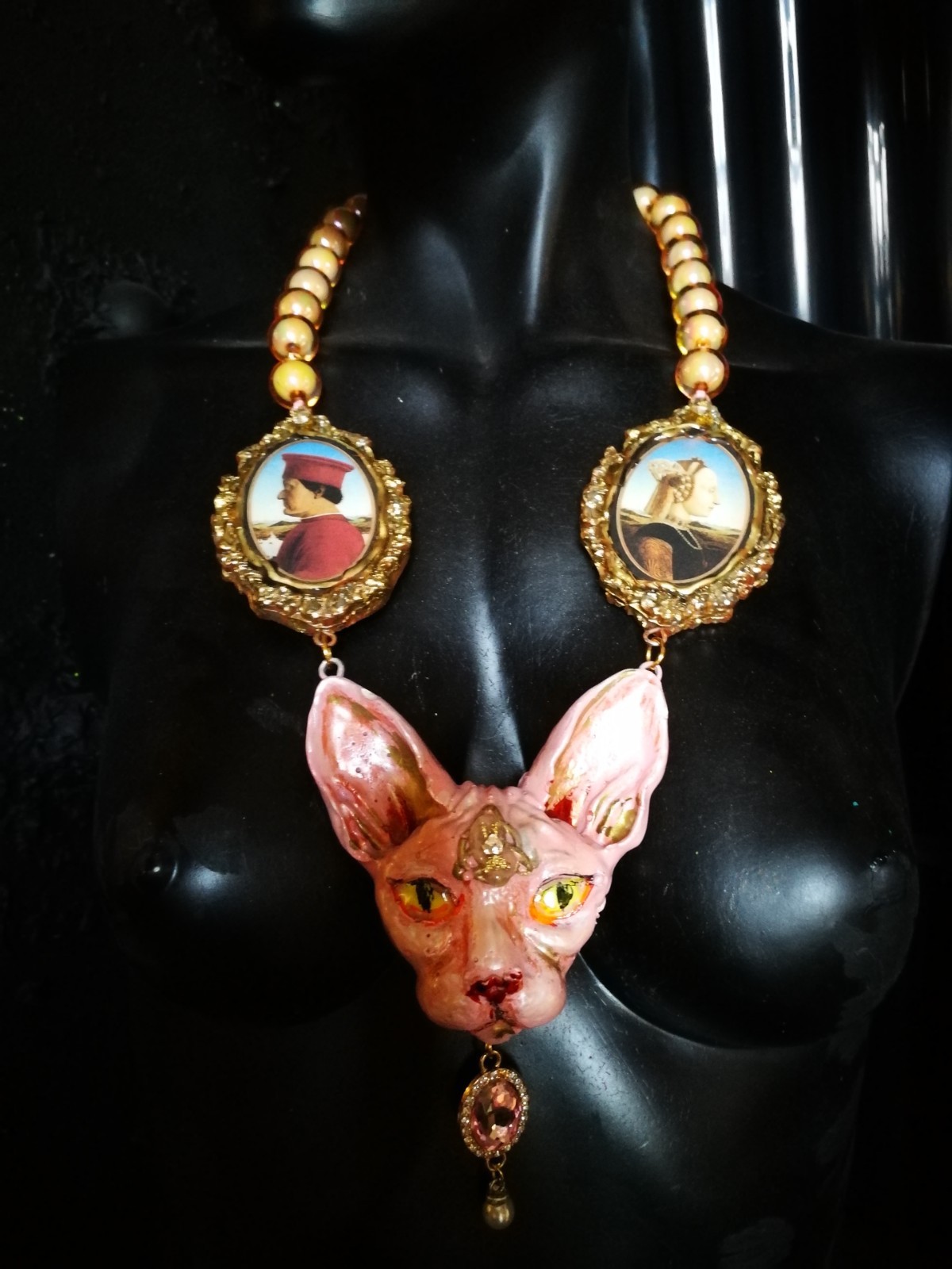 Statement Luxury Necklace Jewelry Pendant Sculpture Sphynx Cat Antique Cameo Bib