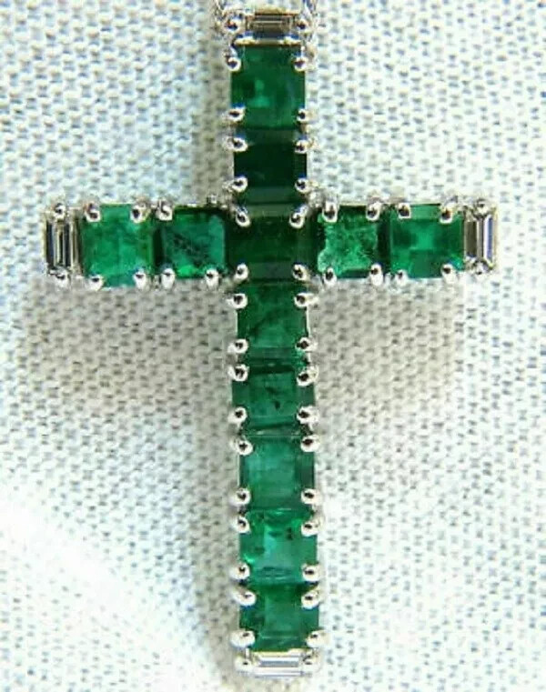 3.00 CT Emerald Cut Green Emerald Cross Pendant Necklace 14k White Gold Finish