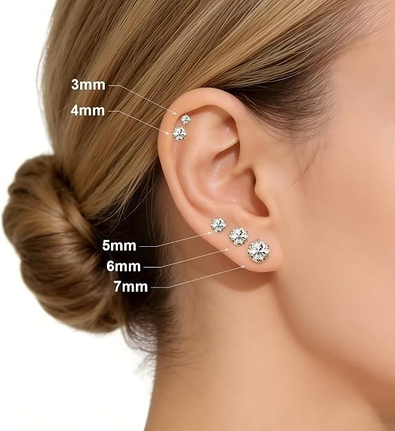 5 Pairs 14K Gold Silver Stainless Steel CZ Stud Earrings Set Women Men 3-7mm