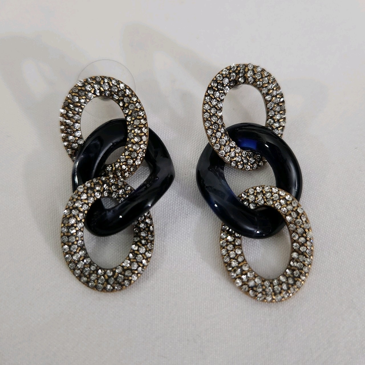 Ann Taylor Gold Tone Navy Link Rhinestone Interlocking Dangle Earrings Signed