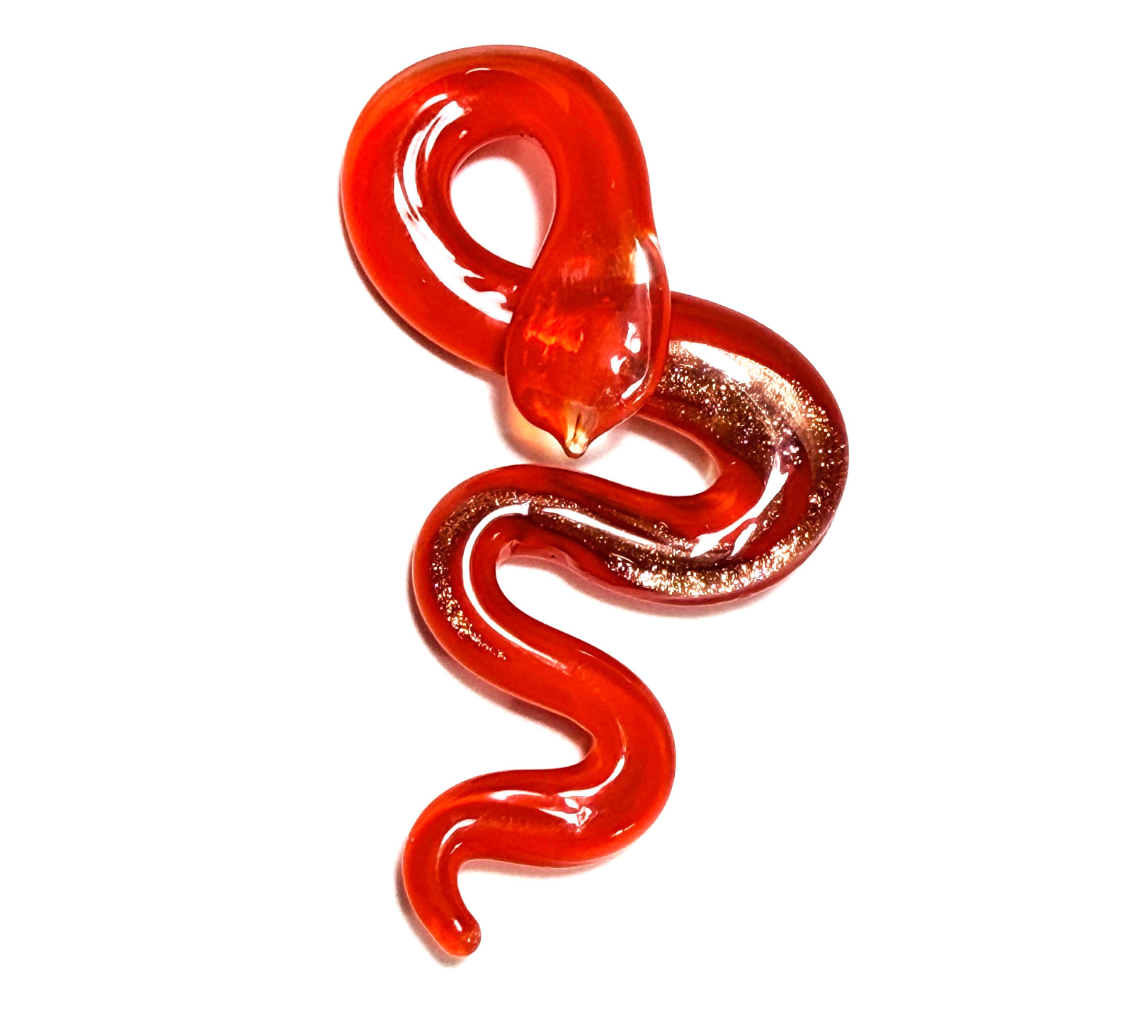 Red Lamp Work Snake with Gold Aventurina Art Glass Pendant 2 1/2 inches EUC