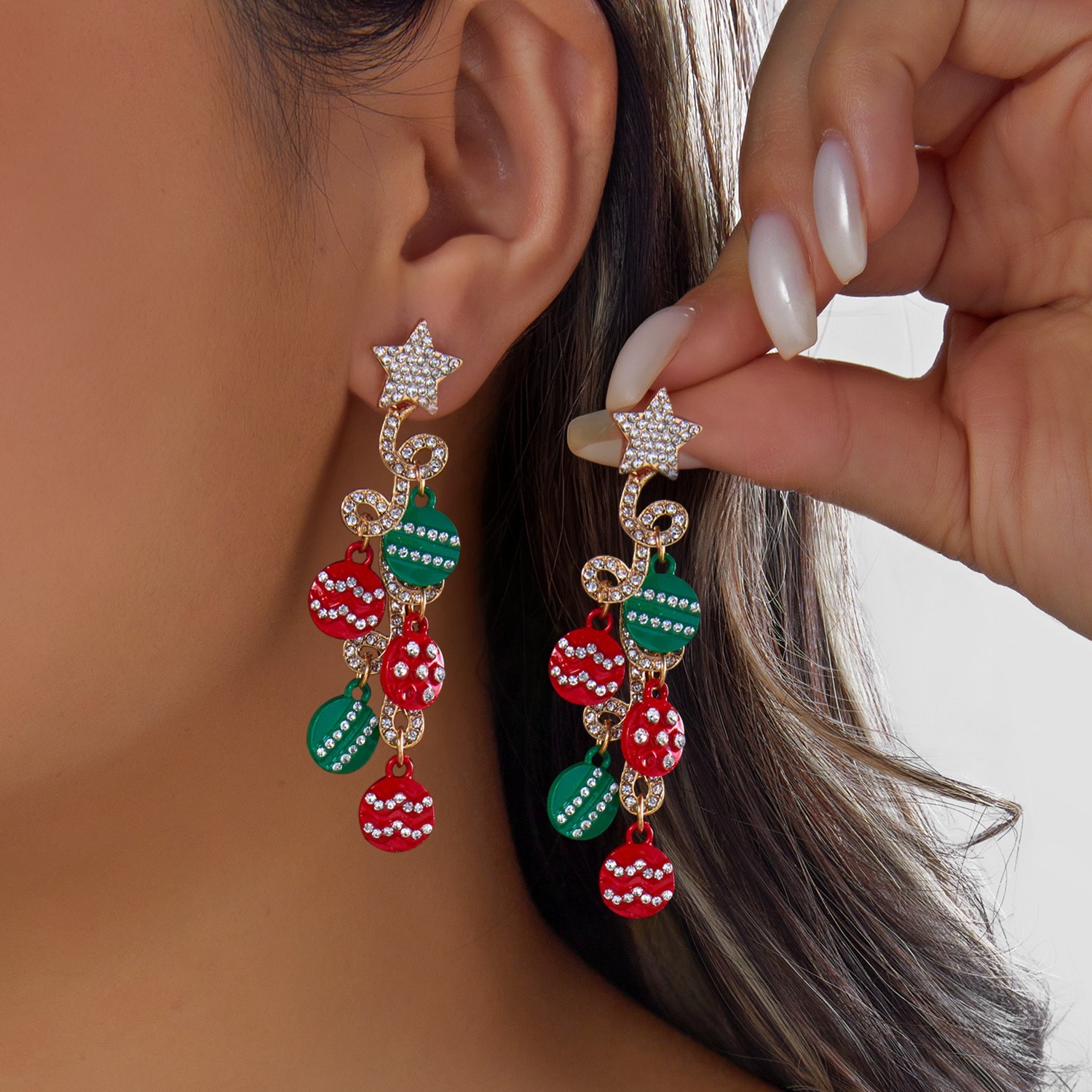 Christmas Rhinestone Star Red Green Xmas Ball Dangle Earrings for Women