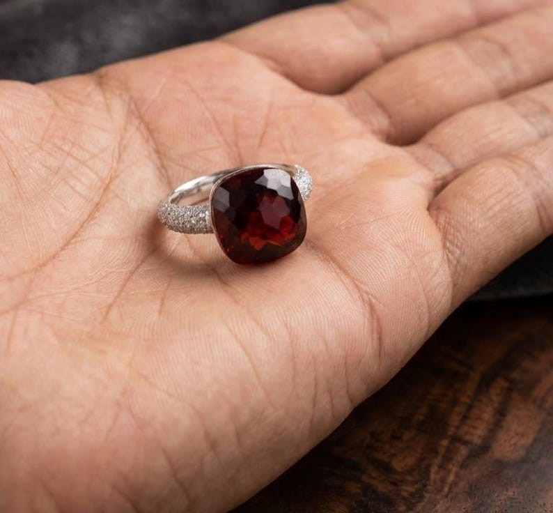 Red Garnet and Moissonite accents 925 Silver Special Nudo wedding ring forher