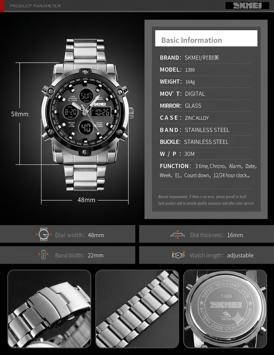 SKMEI Men Quartz Watch LED Digital Steel Wristwatch Casual Business Male Watches