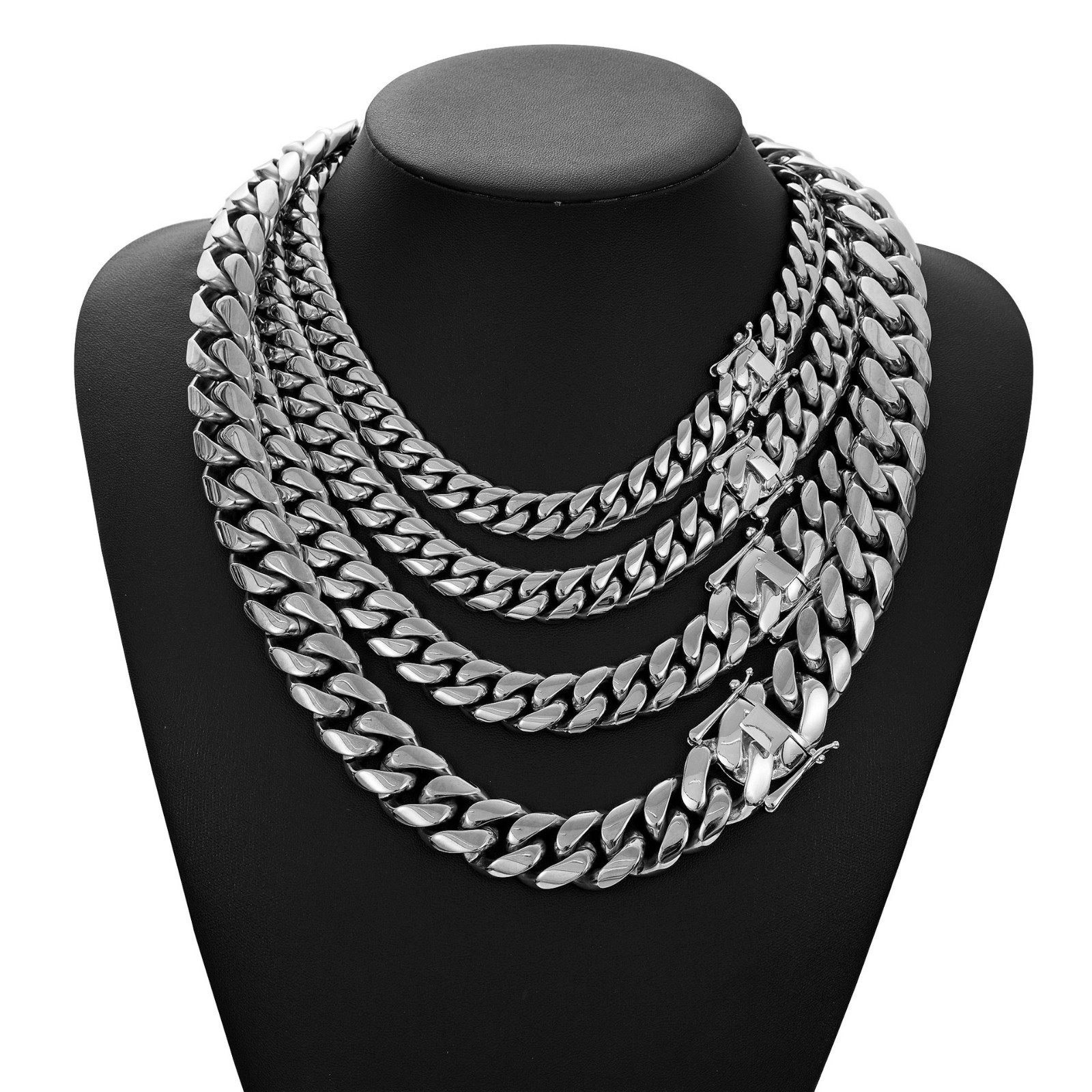 8-20mm Cool Men’s Miami Chain Silver Solid Stainless Steel Necklace or Bracelet