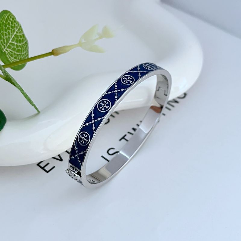 New Tory Burch Bracelet Icon T Monogram Logo Hinge Navy Blue Enamel Silver