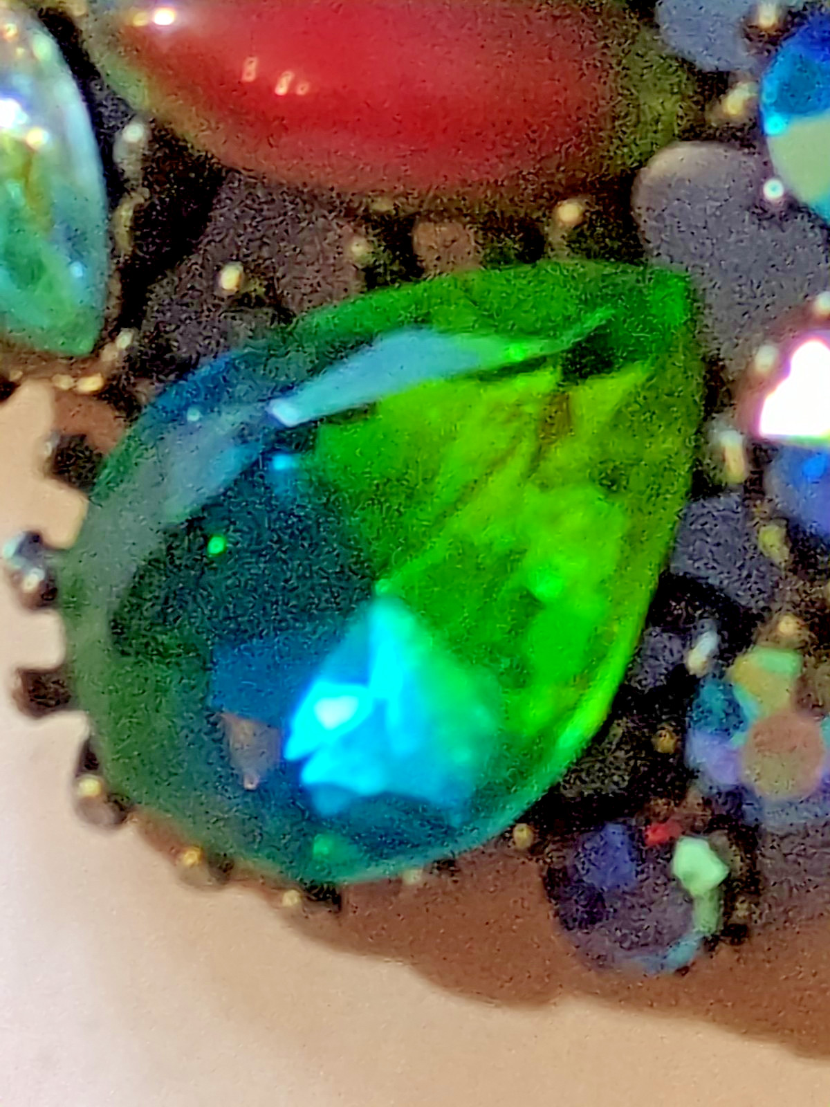 ART Arthur Pepper Watermelon Bicolor AB Glass Rhinestone Brooch Blues Greens Red