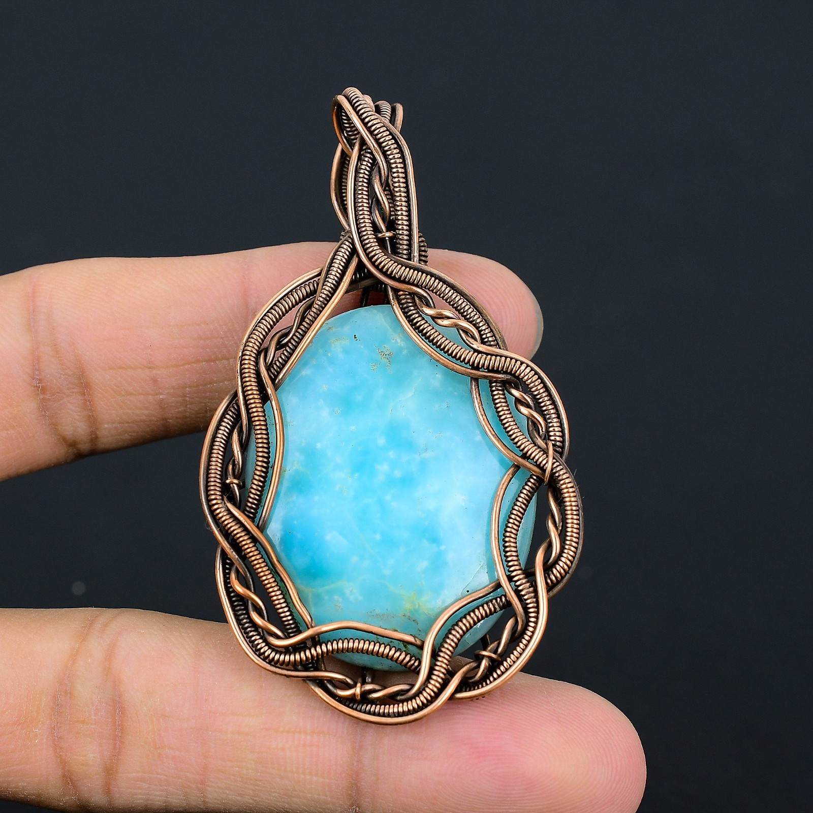 Neon Blue Apatite Handmade Gemstones Copper Wire Wrap Pendant Birthstone Jewelry