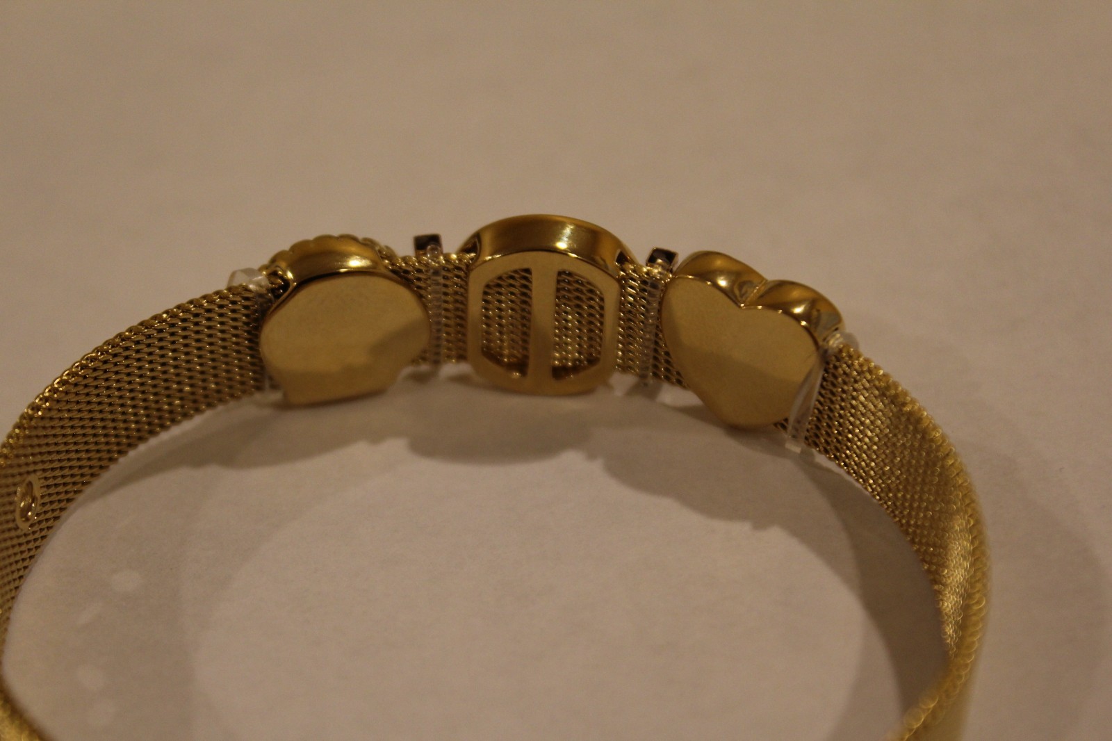 Gold Tone Stainless Steel Mesh Charm Bracelet Buckled Band with 3 charms