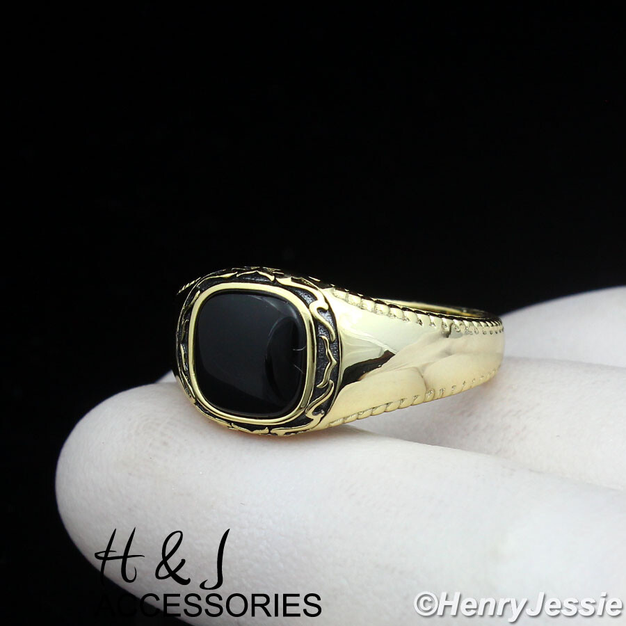 MEN 925 STERLING SILVER SQUARE BLACK ONYX GOLD PLATED VINTAGE RING SIZE 7-12*206