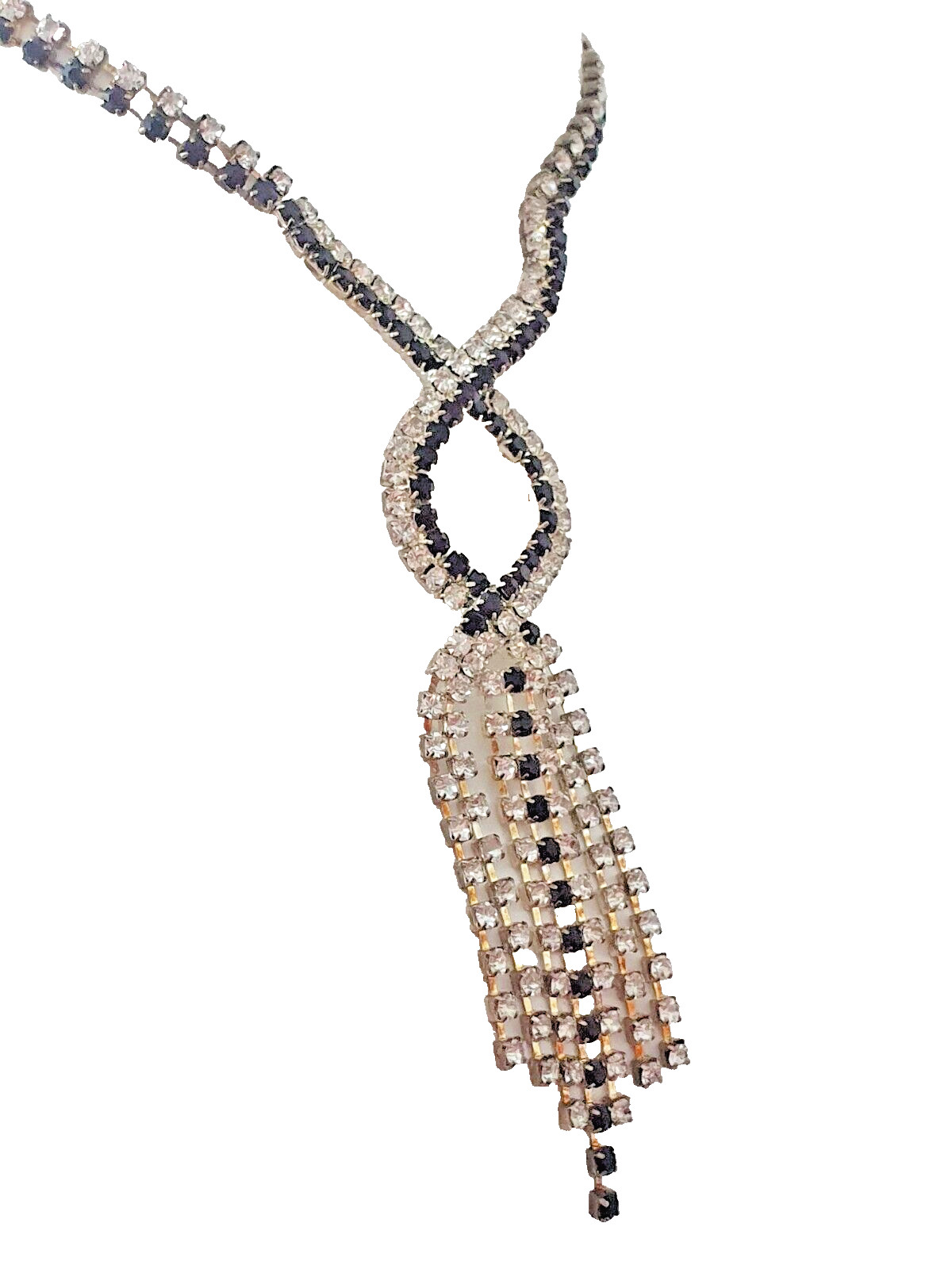 Sparkly Purple Clear Rhinestone Silver Tone Crossover Tassel Y-Drop Necklace