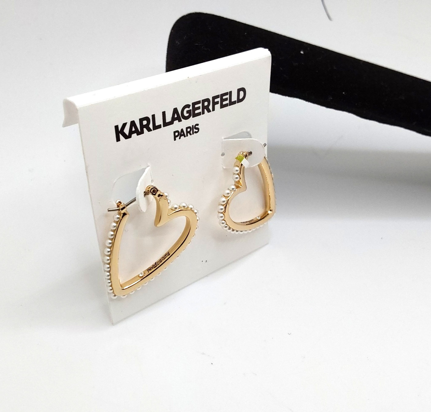 Karl Lagerfeld Paris Gold Heart Shaped Hoop Earrings Adorned With Faux Pearls