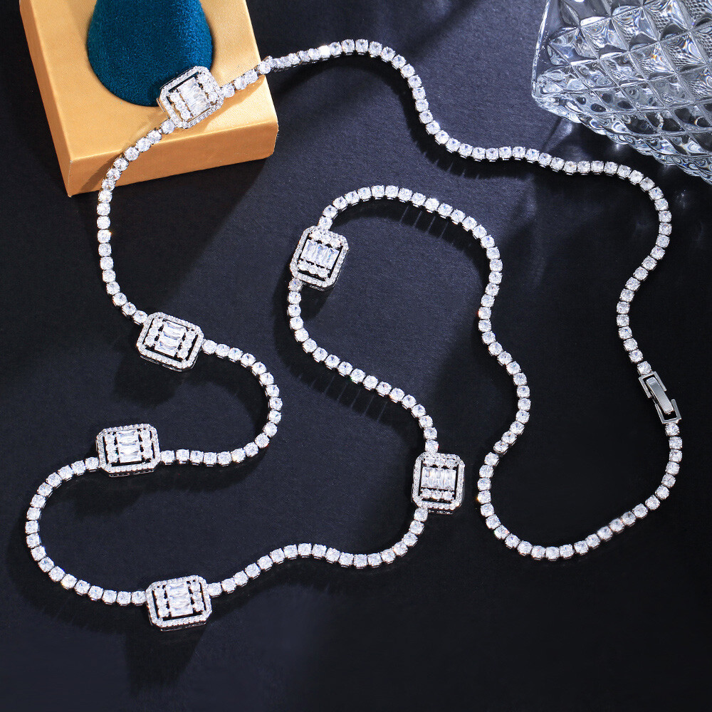82cm Silver Plated Baguette Cubic Zirconia Long Sweeter Necklace Women Jewelry