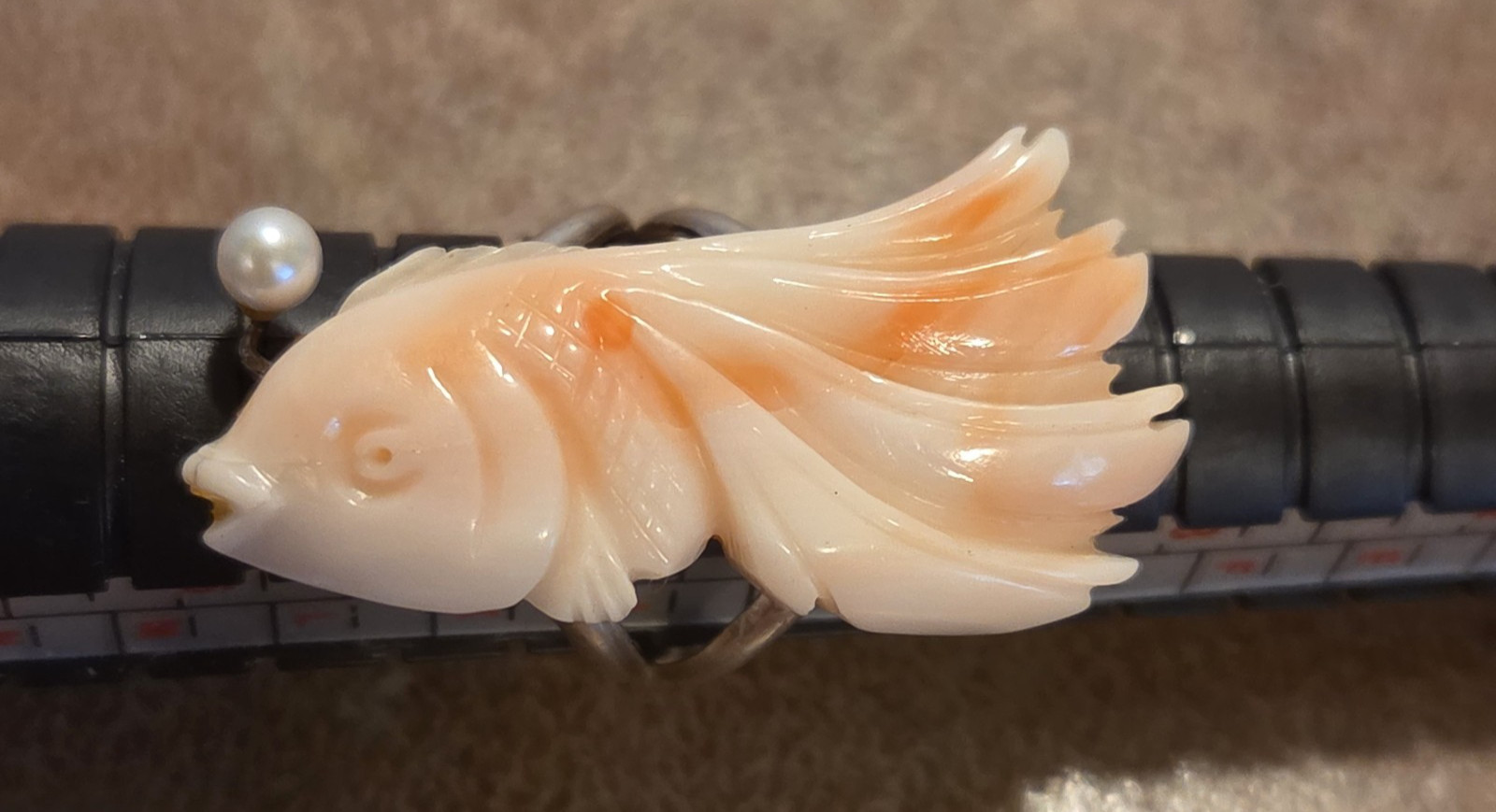Hawaiian Pink & Angel Skin Coral Koi Fish Sterling Silver Small Ring