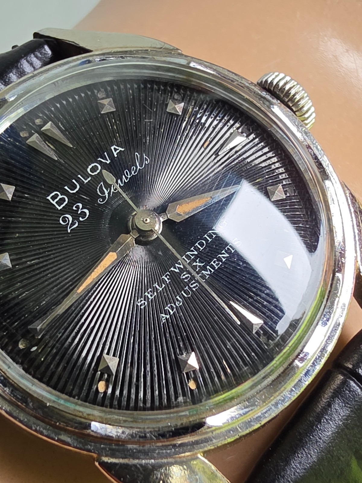 Vintage Bulova 23 “A” Men’s automatic watch 10K RGP Black Sunburst dial 1955