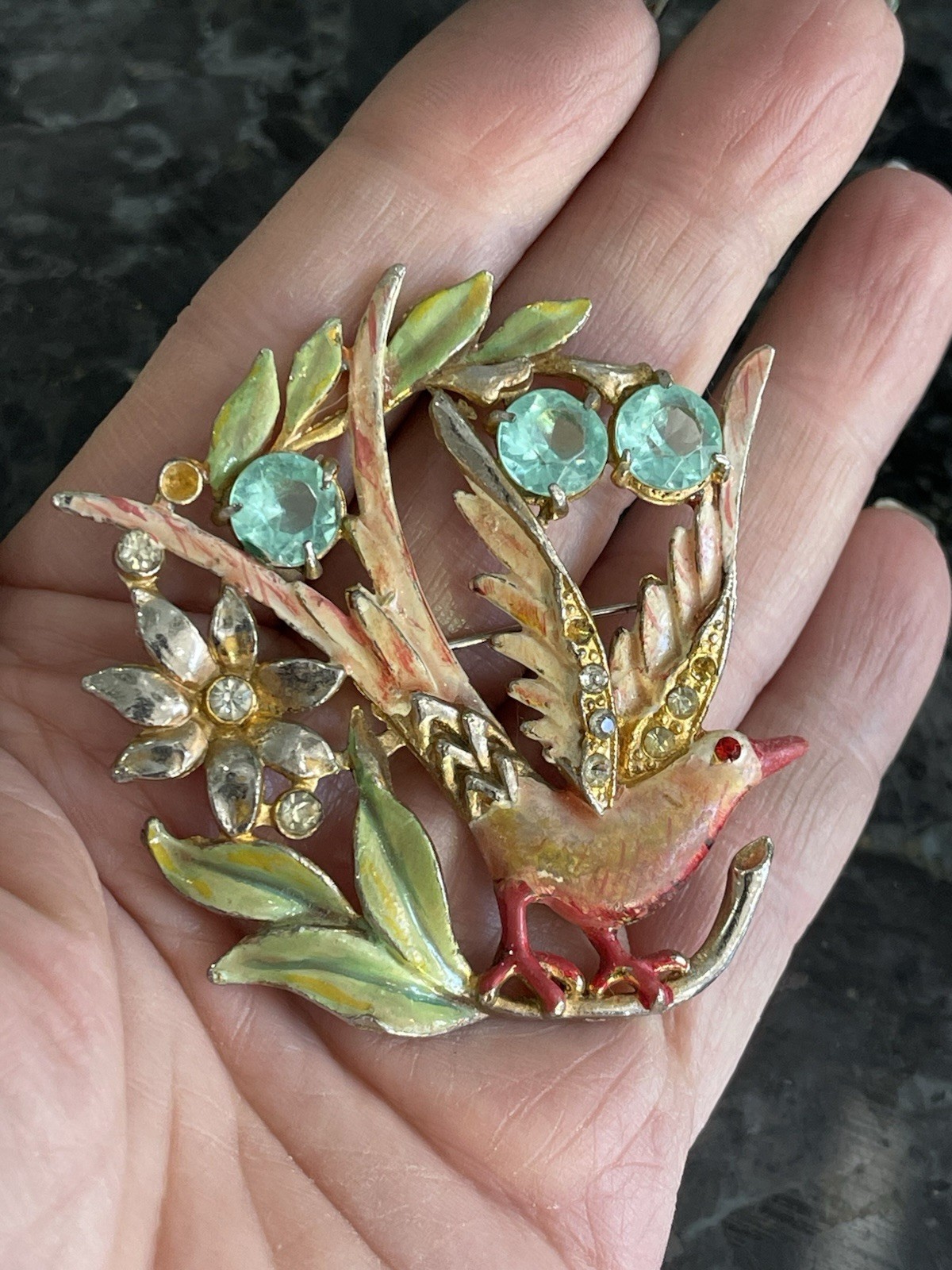 1940s Bird Of Paradise Eden Brooch Pot Metal Enamel Rhinestone Missing 3 Stones