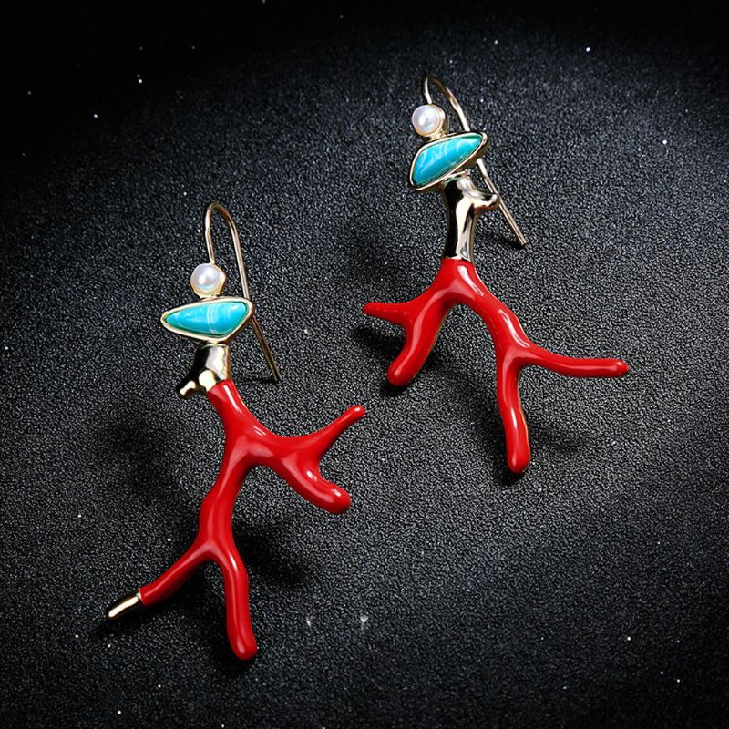 Branch Acrylic Resin Drop Earrings Red Enamel Coral Antlers Earrings