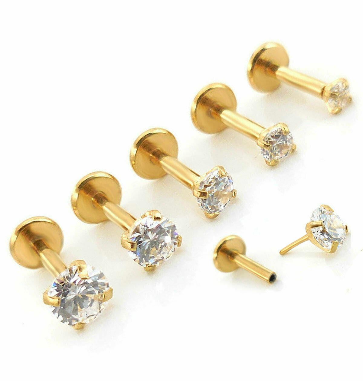 2pc 20g 18g 16g Flatback Push Top Threadless Gold Nose Stud Labret Earrings Ring