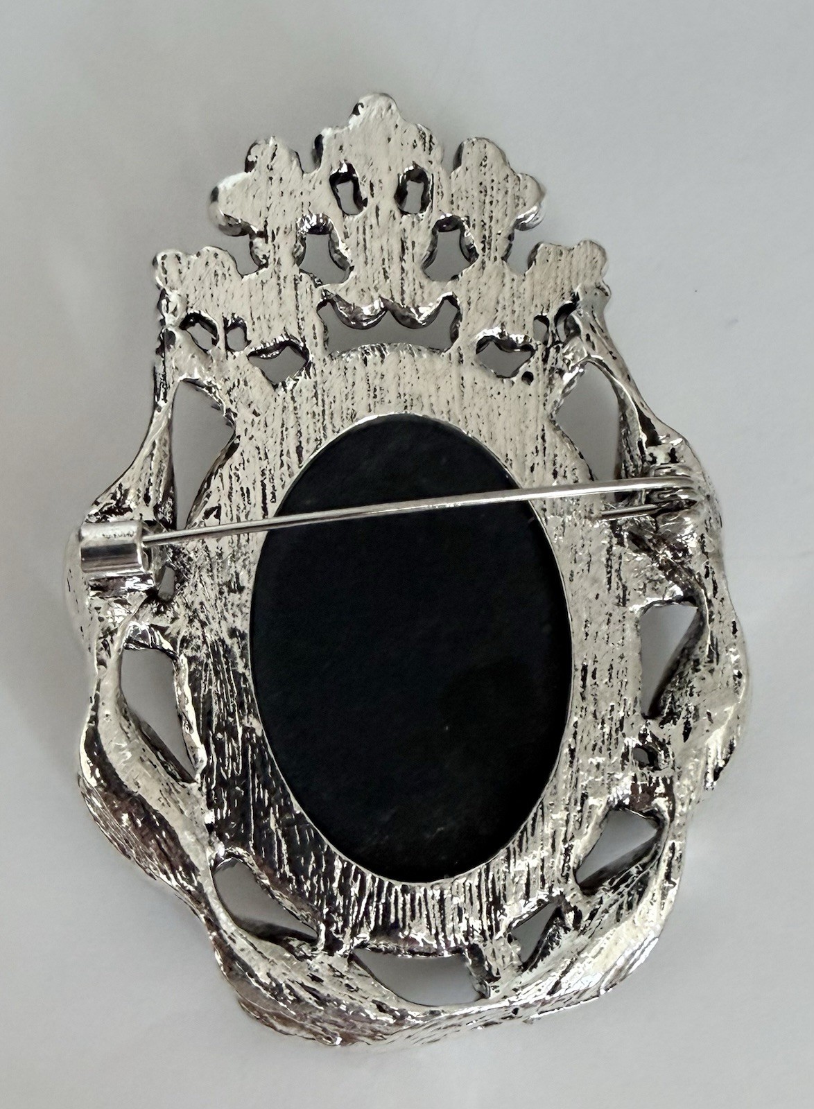 Vintage Inspired Cameo Brooch Pin – Silver Tone with Rhinestone Accents