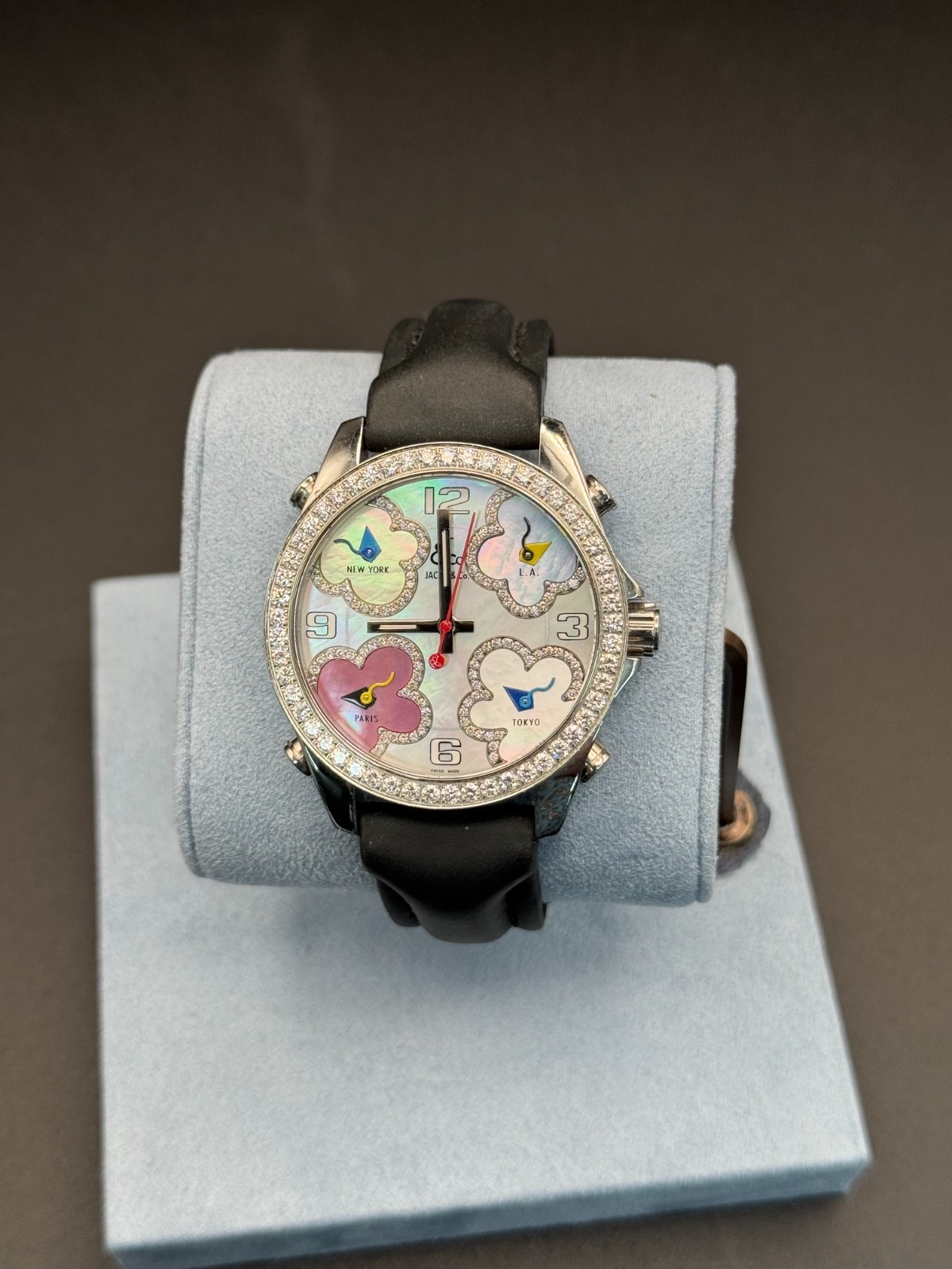 Jacob & Co five time zone watch mother pearl dial with four vibrant flower shape
