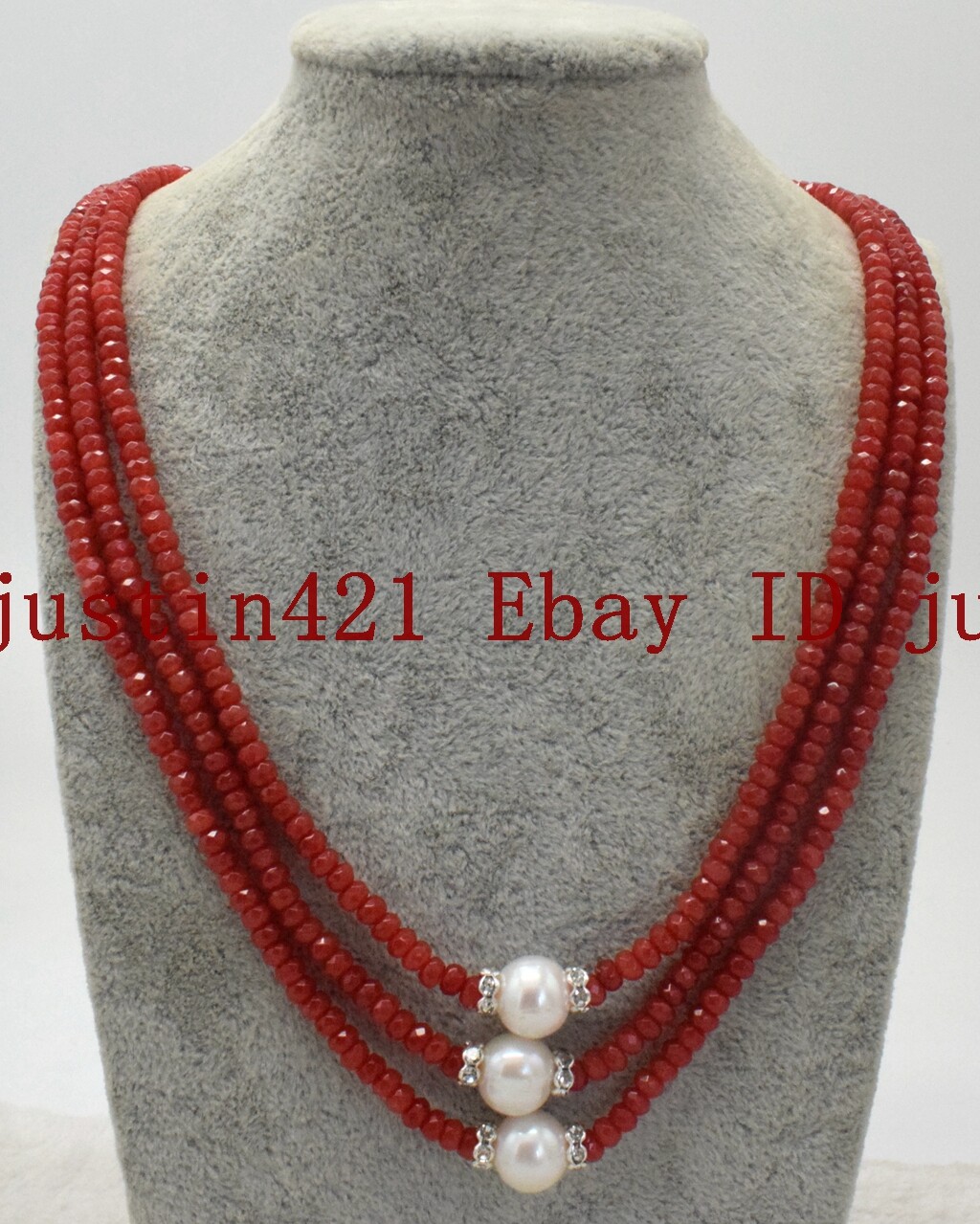Fashion 3 Row 2x4mm Red Jade Roundelle Gems 9-10mm White Pearl Necklace 18-20”