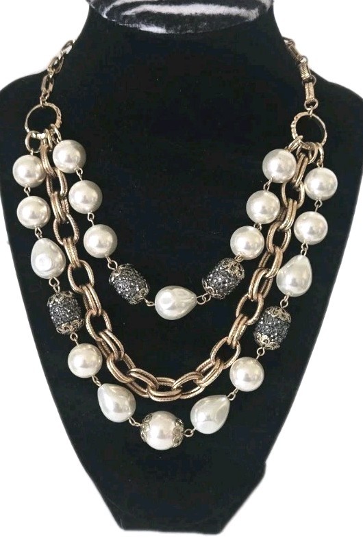 Gold Tone Faux Glass Pearl & Acrylic Crystal Beads Multi Strand Collar Necklace