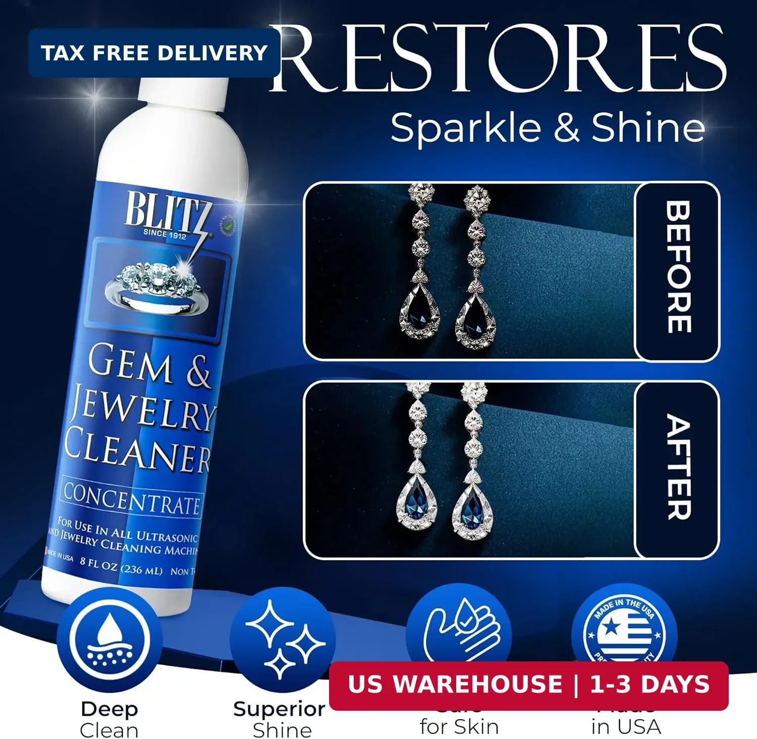 Blitz Gem & Jewelry Cleaner Liquid Concentrate for Gold, Silver, & Platinum Jewe