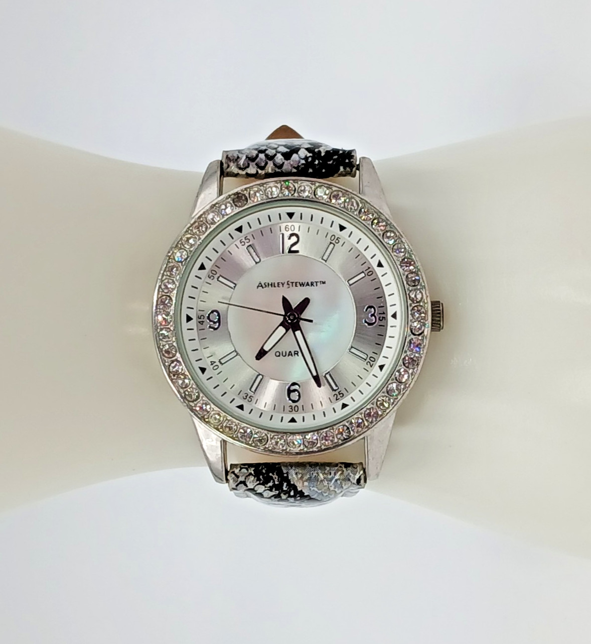 Ashley Stewart Watch Mother of Pearl Silver Tone Crystal Bezel Seconds Hand