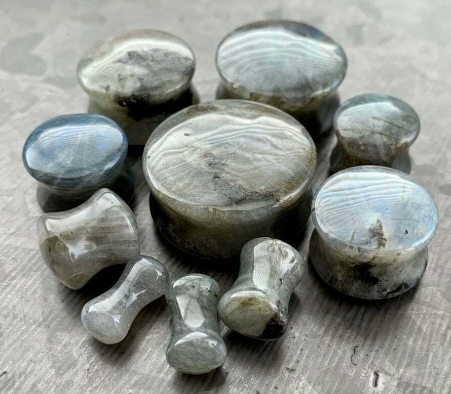 PAIR Labradorite Natural Stone Double Flare Plugs Organic Earlets Gauges