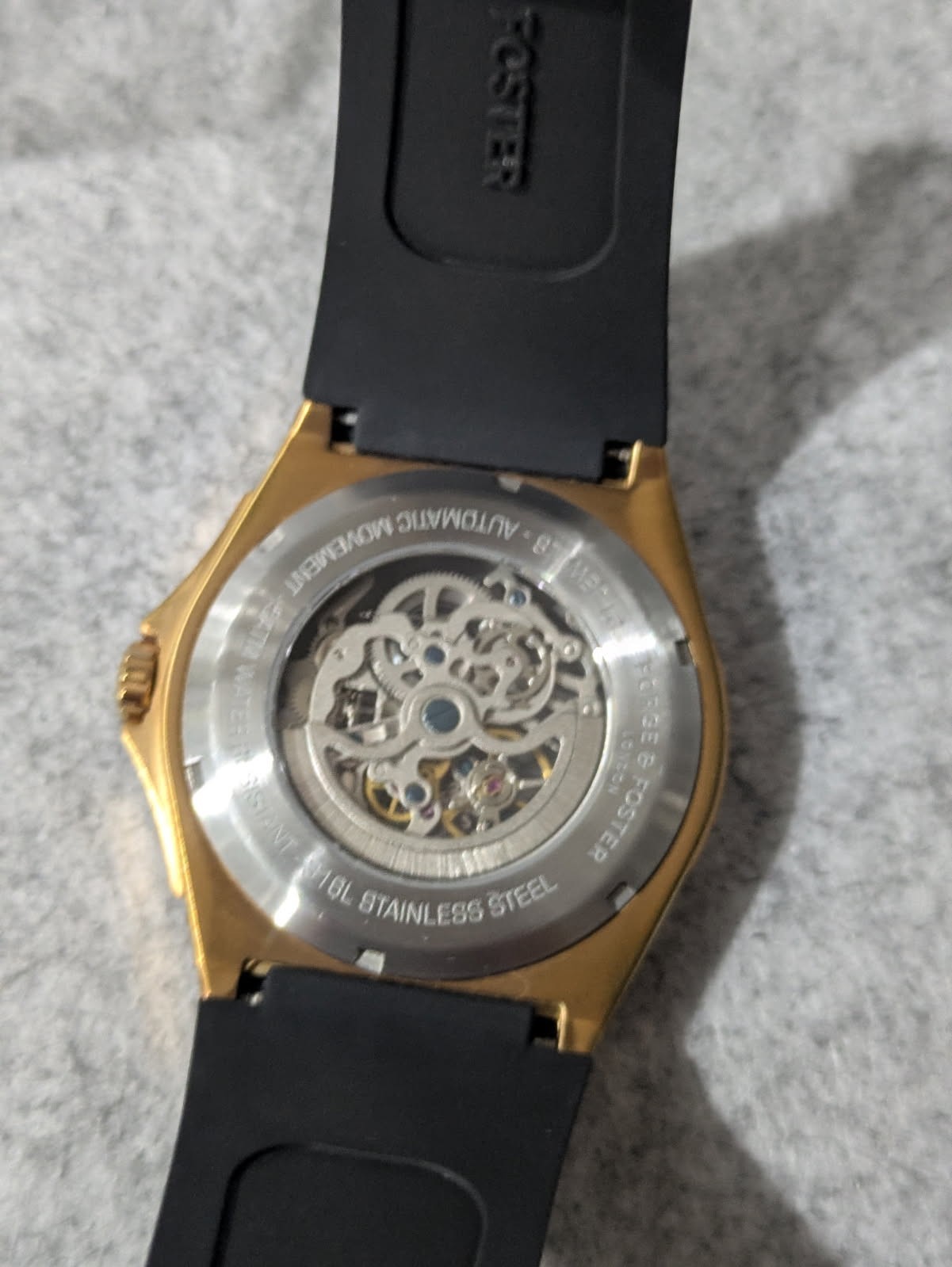 Forge & Foster London Automatic Skeleton Dial Gold Case Black Rubber Strap
