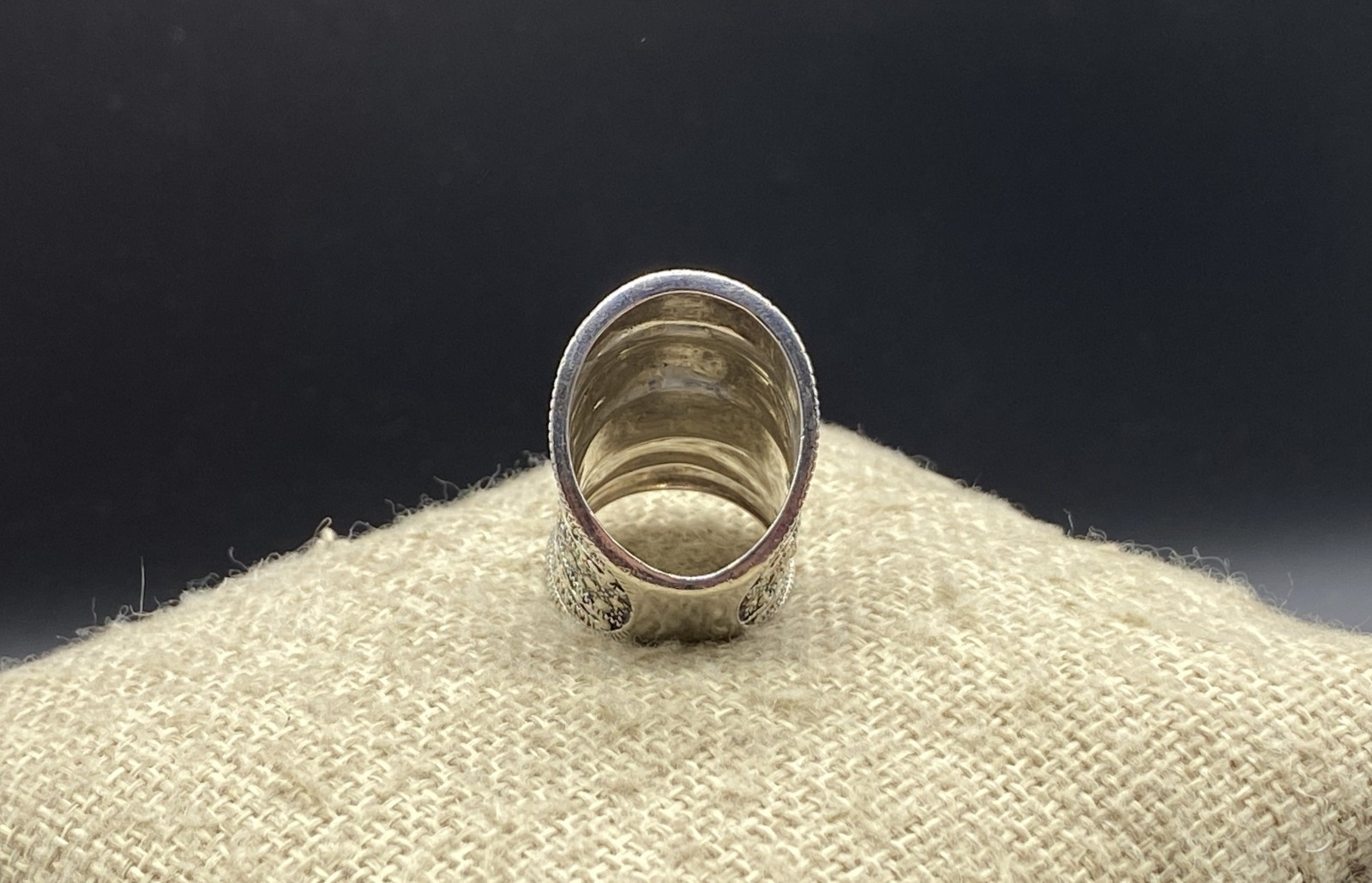 DESIGNER-Sterling Bali Style Tall Concave Marcasite Dotted Scroll Ring-SIZE 6