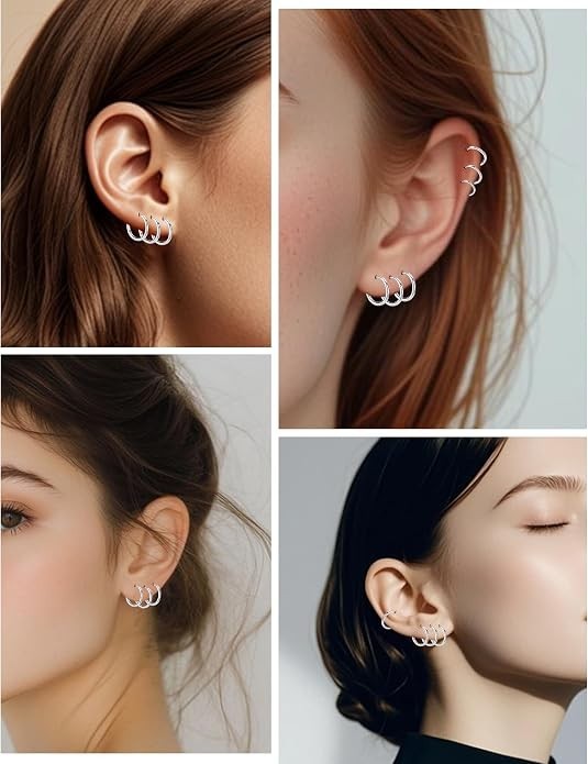 5 Pairs Small Huggie Hoop Earrings for Women, Stainless Steel Silver