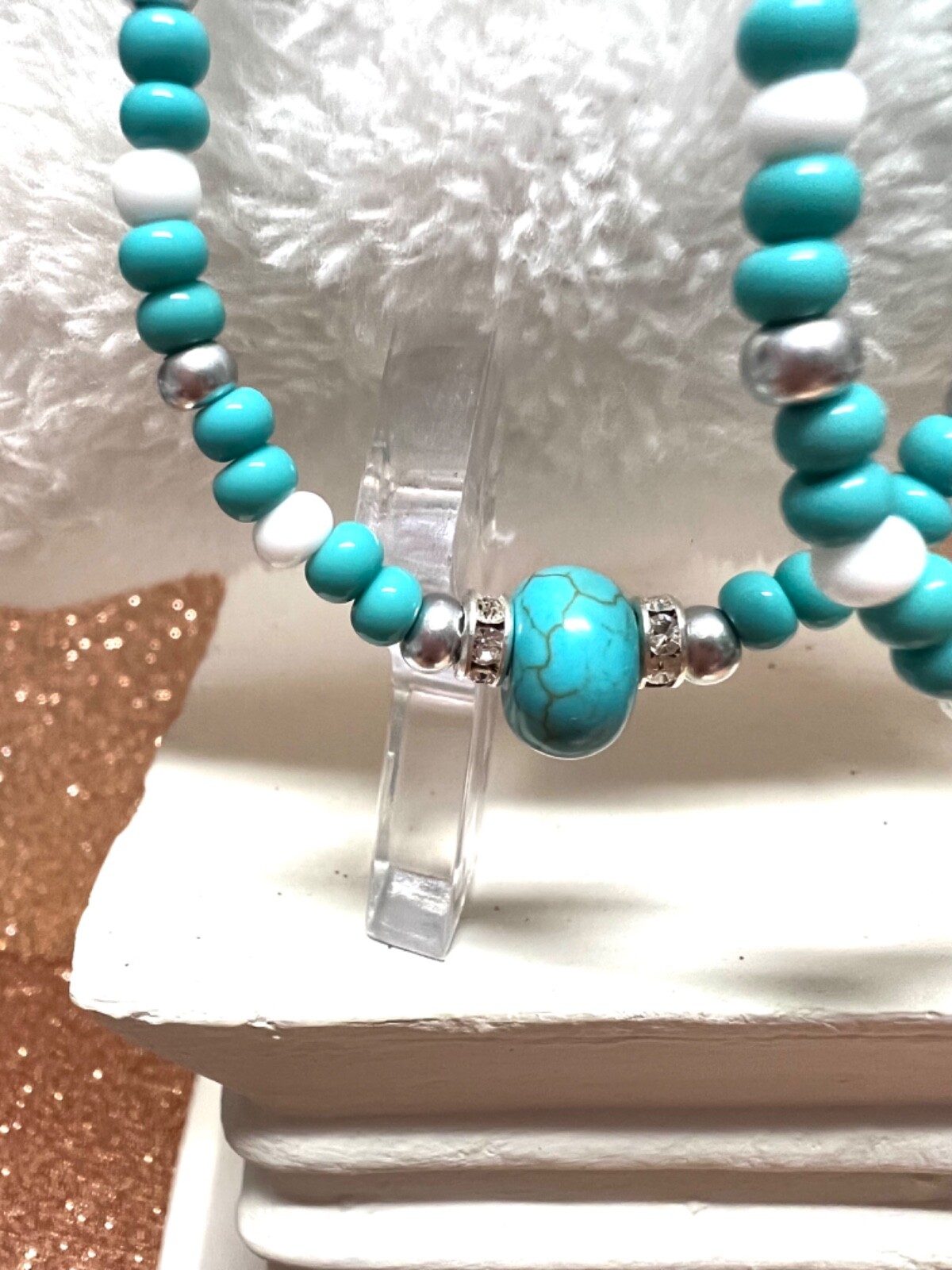 Silver Seed Bead Teardrop Sterling Earrings W Turquoise Roundelle Beads 3.5 In