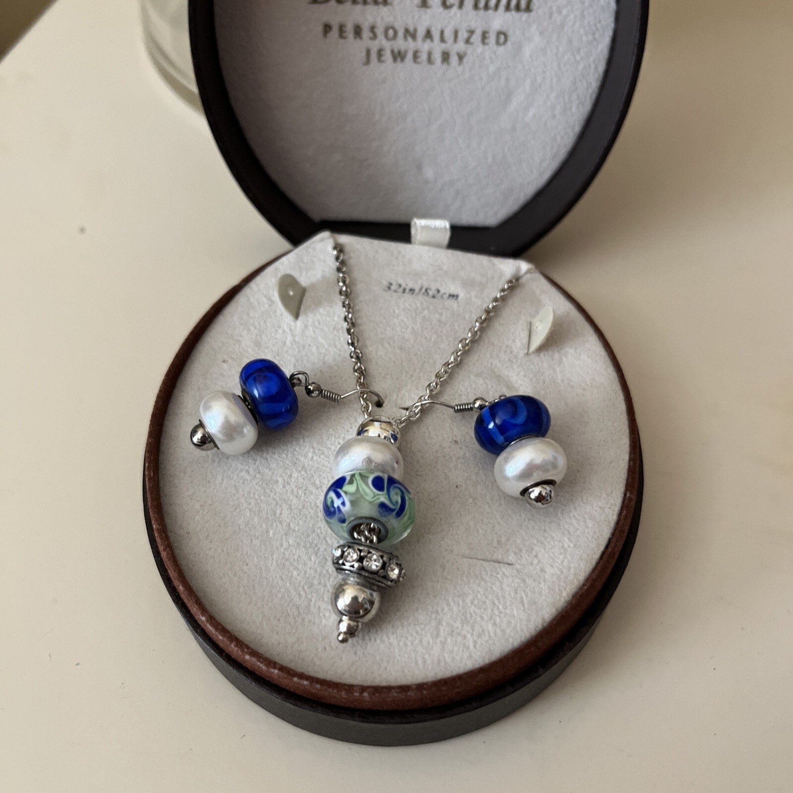 NIB~Bella Perlina Charm & Crystal Bead Earrings & Necklace Set Blue Beach 28″L