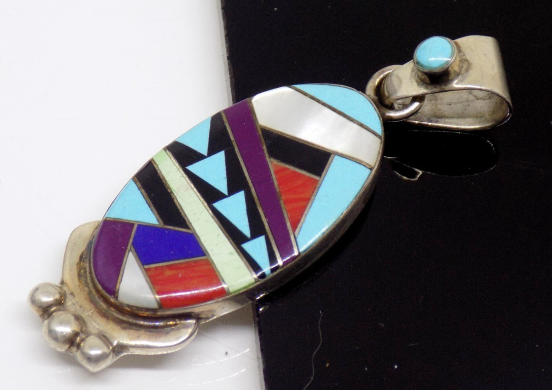 Navajo Lowell Draper L.D. 925 Sterling Silver Multicolor Gemstone Mosaic Pendant