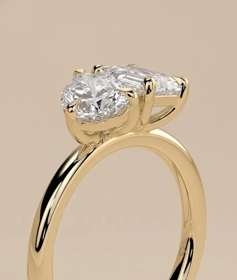 14k Yellow Gold Pear & Emerald Cut Diamond Ring 4 Ct Lab Grown IGI VVS E F