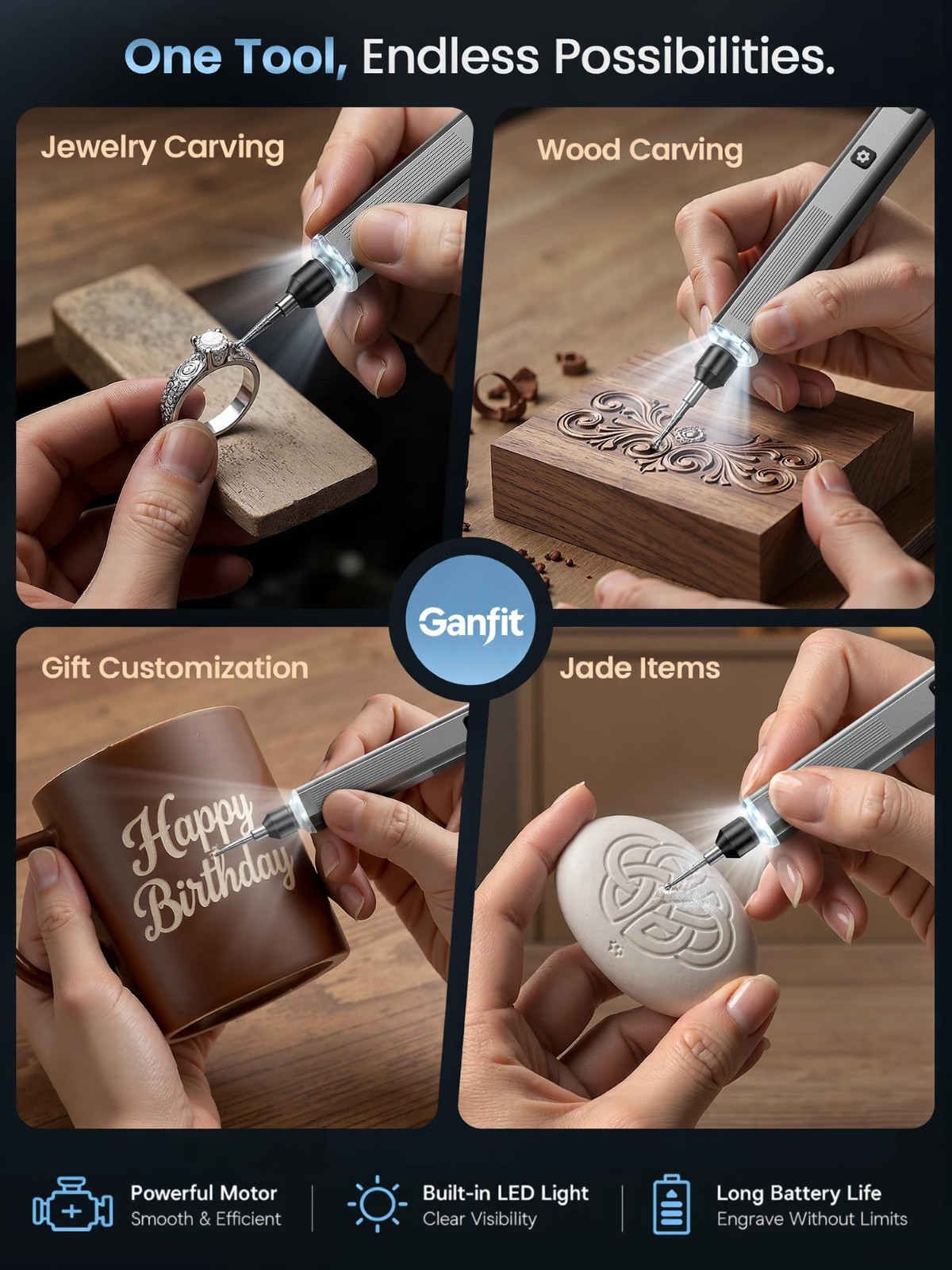 Cordless Engraving Pen for Metal, Wood, Glass & Plastic – 5-Speed Tool, LED Ligh