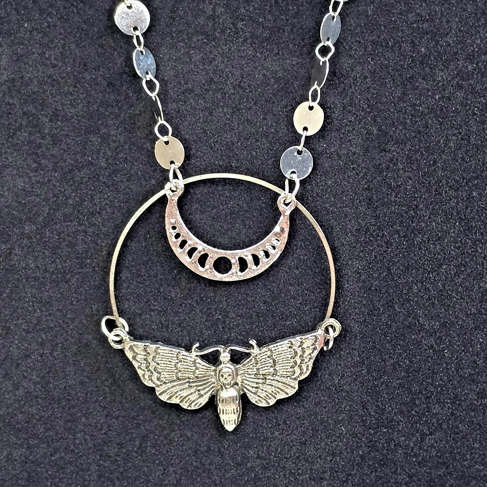 Moth & Crescent Moon Pendant 24″ Adjustable Necklace, Cable Chain Lobster